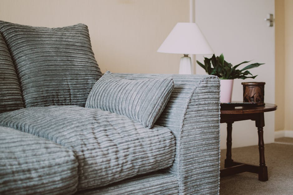 Close-up of a light grey corduroy sofa with plush cushions, situated in a well-lit living room. The sofa appears clean and free of dust or stains. Behind it, a white table lamp with a conical shade is positioned on a small, dark wooden side table next to a potted plant with broad green leaves. The background features beige walls and a door, with soft ambient lighting enhancing the tidy and maintained appearance of the room, reflecting professional domestic cleaning by Enfield Carpet Cleaning as part of surface cleaning and sanitisation services.